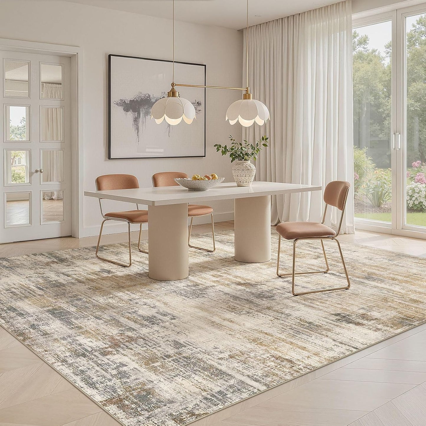 Area Rug for Living Room: 10x14 Washable Neutral Abstract Modern Soft Rugs Non Slip Indoor Floor Stain Resistant Large Carpet for Bedroom Dining Room Office Nursery - Golden Brown
