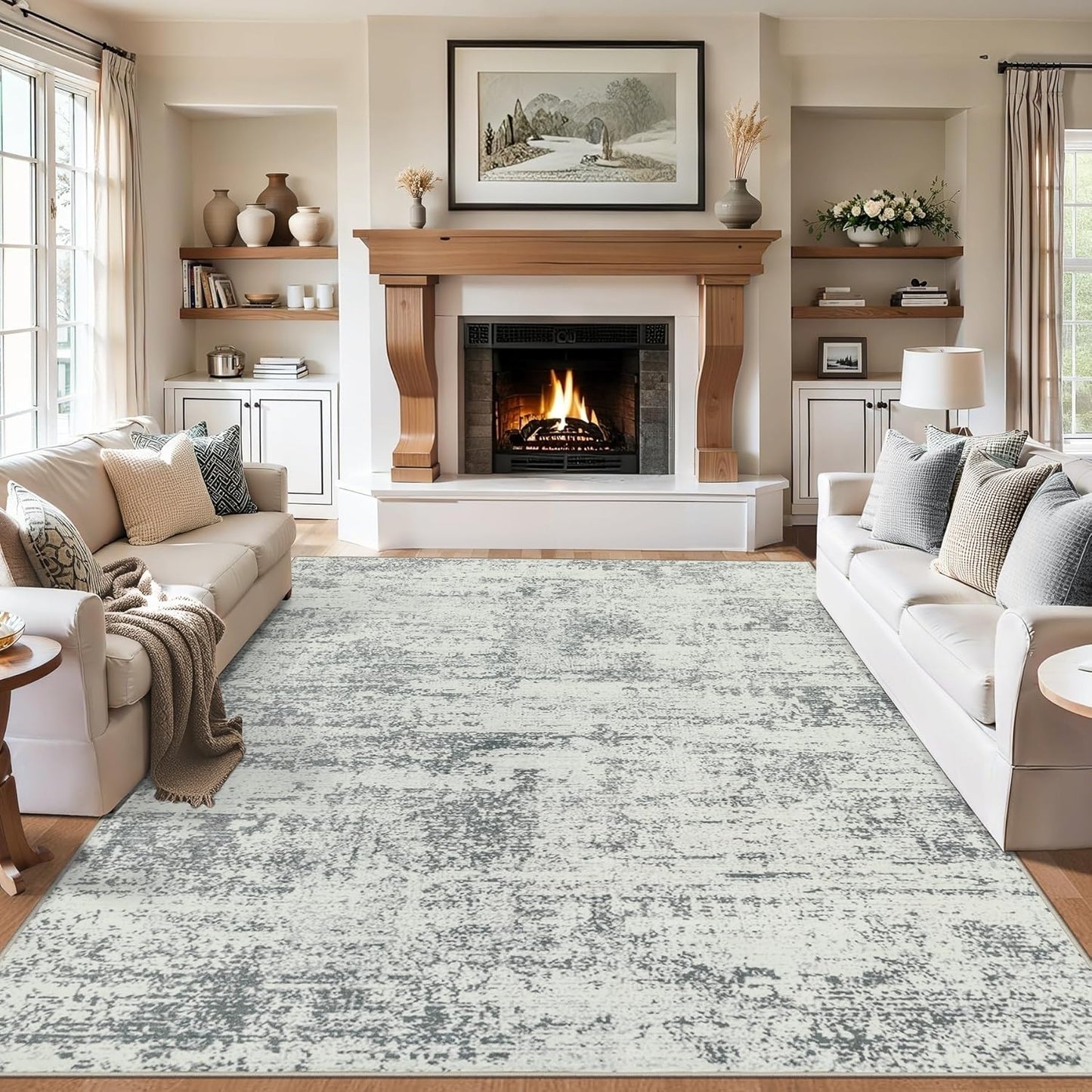 Area Rugs Living Room Rug - 5x7 Washable Modern Abstract Soft Neutral Non-Slip Carpet Large Indoor Floor Stain Resistant Thin Carpets for Bedroom Dining Room Farmhouse Nursery Home Office Grey