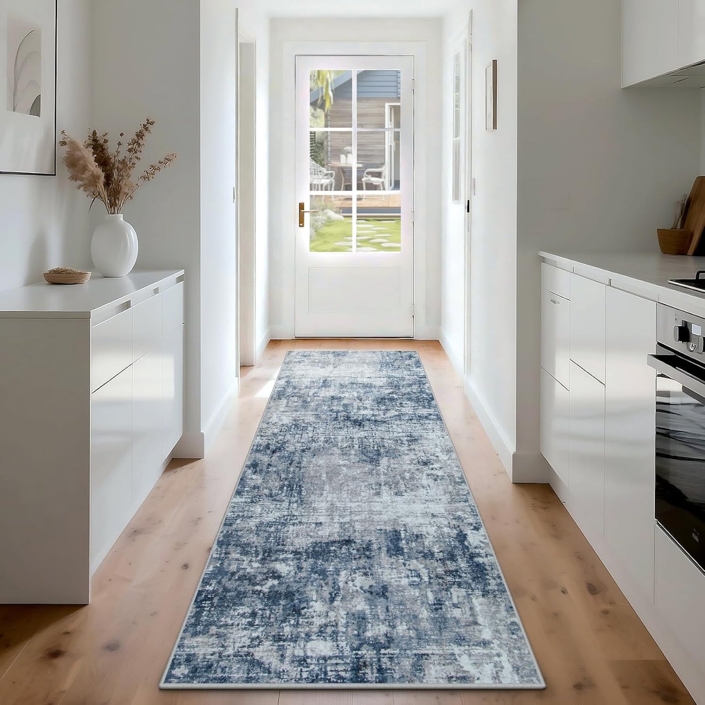 Runner Rug for Hallways Kitchen 2'6"x8' Washable, Non Slip Carpet 8ft Area Rugs Entryway Rubber Backed 8 Feet Neutral Abstract Modern Low Pile Indoor Blue Grey