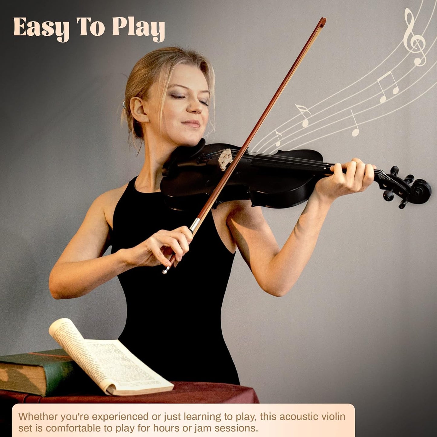 Poseidon Violin 4/4 Full Size Set, Black Violin for Beginners Adult Kid, Stringed Musical Instrument w/Case, Extra Violin 4/4 Strings Set, Violin Bow, Horse Bridge, Rosin, Shoulder Rest, Tuner, Manual