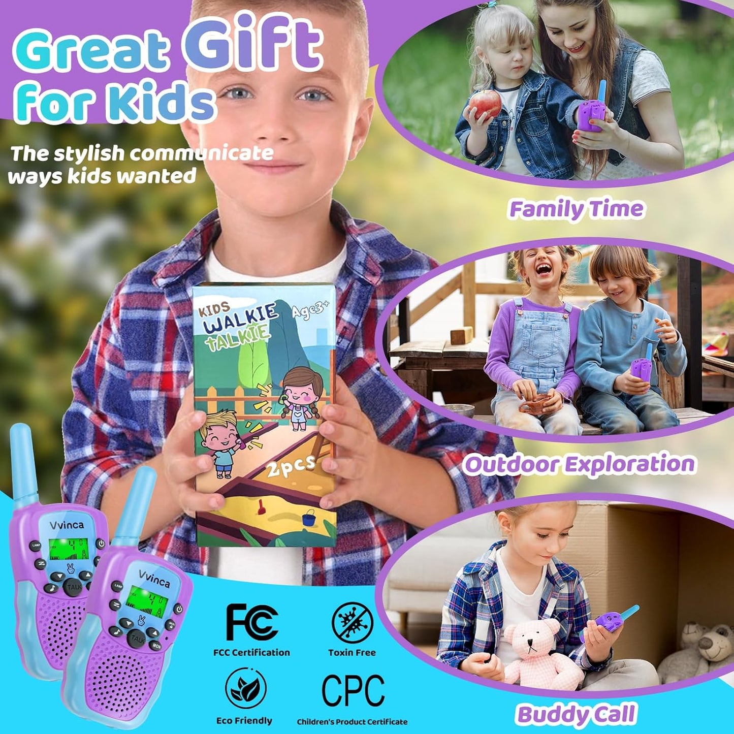 Vvinca Rechargeable Walkie Talkies for Kids 4 Pack, 5-7 Year Old Boy Toys Long Range 22 Channels 2 Way Kids Walkie Talkie with Flashlight for Camping Hiking Indoor Outdoor 3 4 5 6-12 Girl Boy Gift