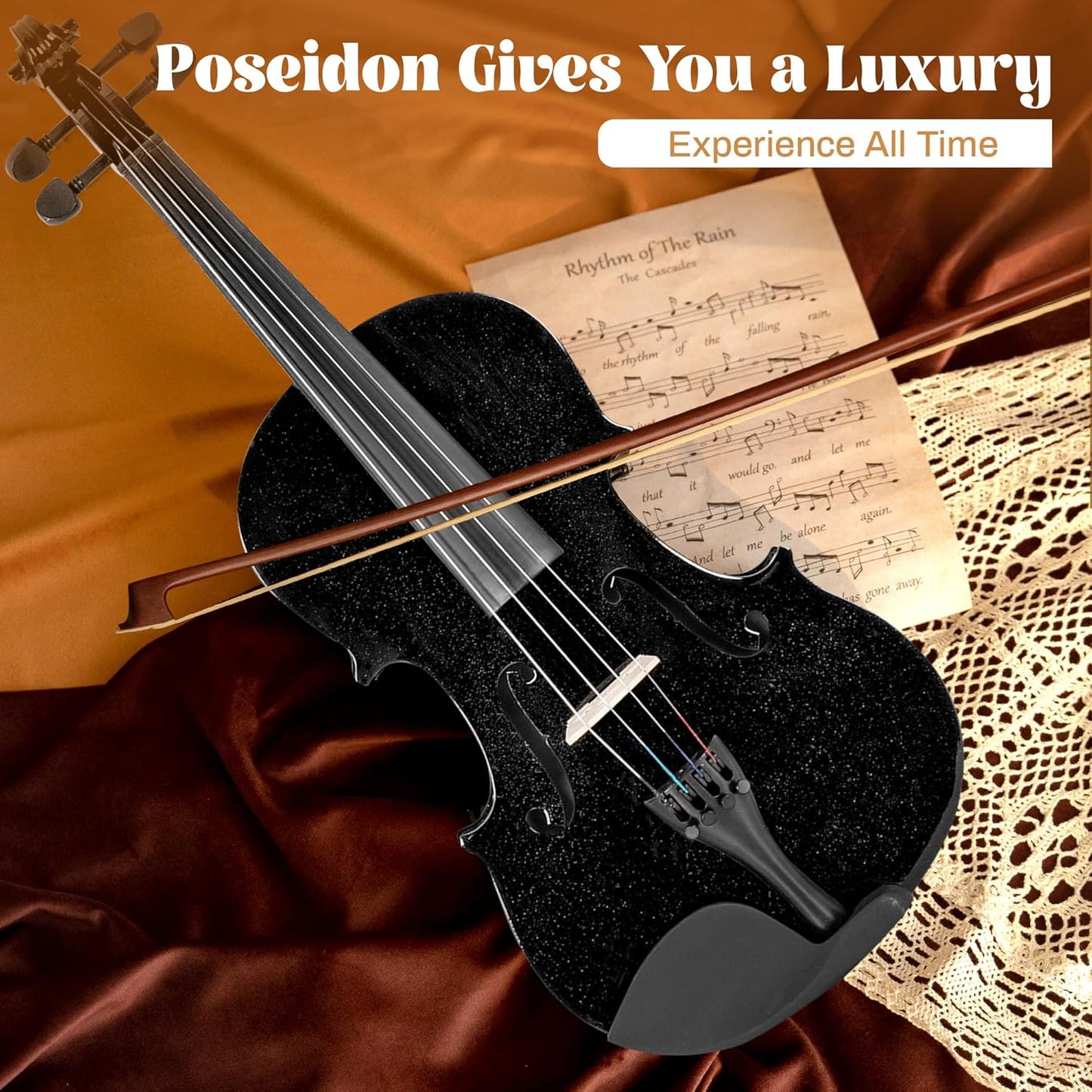 Poseidon 1/4 Violin for Beginner Fiddle Kit, Violin 1/4 Size for Student Stringed Musical Instrument w/Case, Two Strings Set, Two Bows, Two Bridges, Two Rosins, Clip-on Tuner, Manual - Glossy Black
