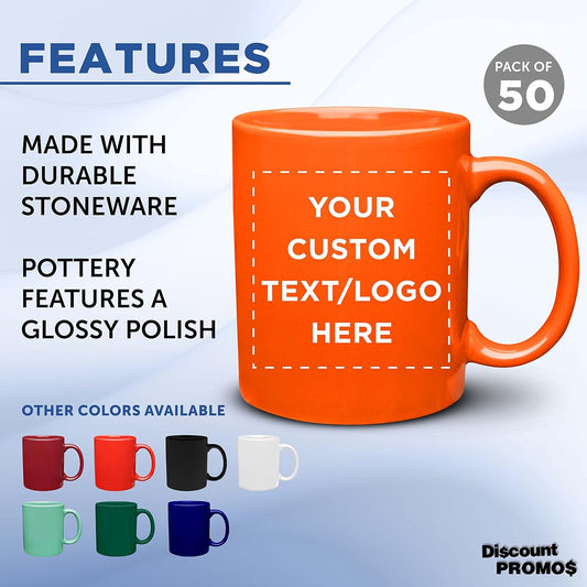 Custom Ceramic Coffee Mugs 11 oz. Set of 50, Personalized Bulk Pack - Coffee cup set, Iced coffee cup, Gaming mug - Orange
