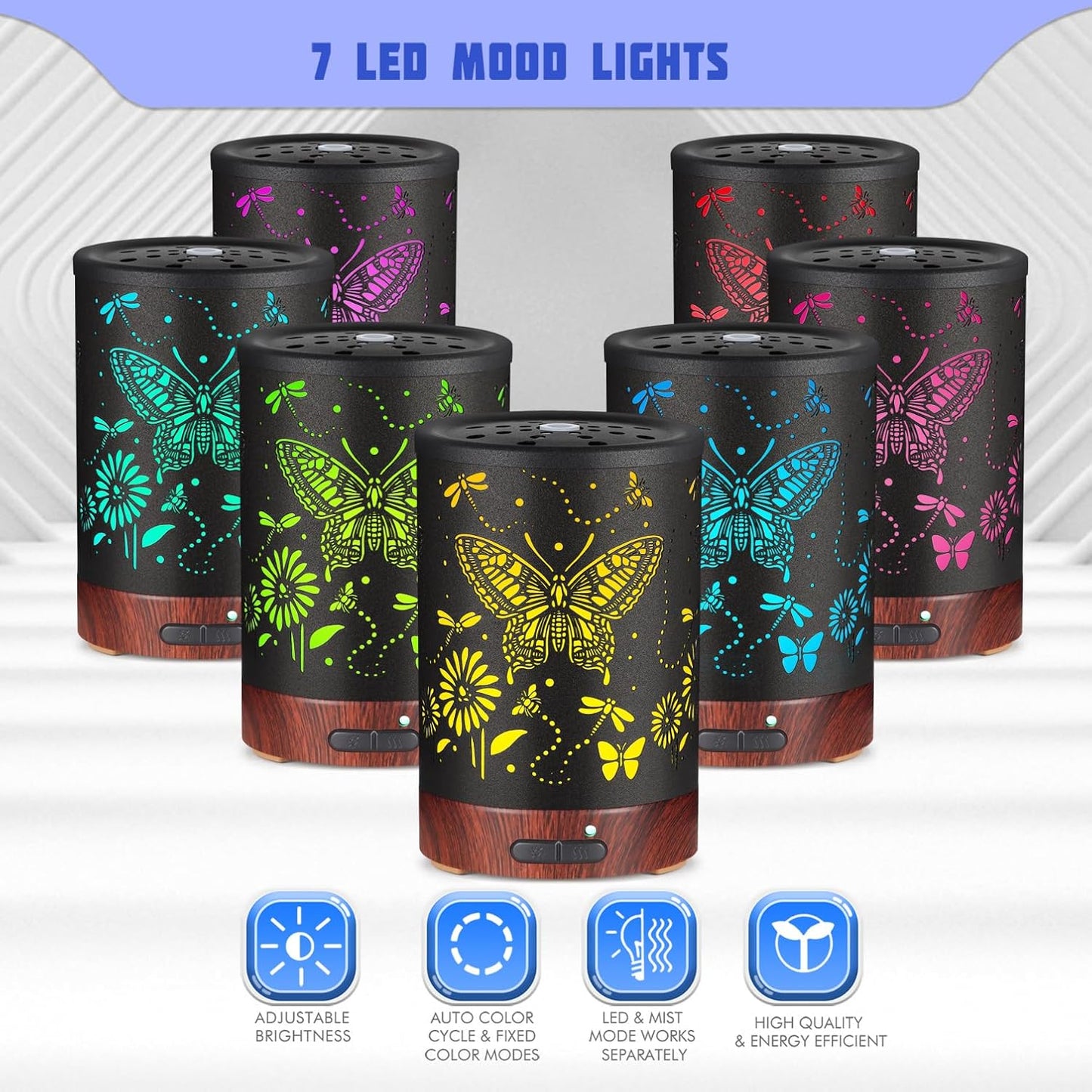 Metal Essential Oils Diffuser 150ML Christmas Aromatherapy Diffuser Cool Mist Humidifier with 7 Colors Lights Waterless Auto Off Air Diffusers as Gifts for Mom(Butterfly)