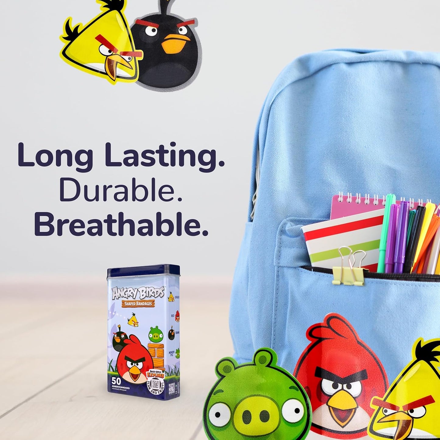 BioSwiss Bandages, Angry Birds Game Shaped Self Adhesive Bandage, Latex Free Sterile Wound Care, Standard Shape for Kids and Adults, 50 Count