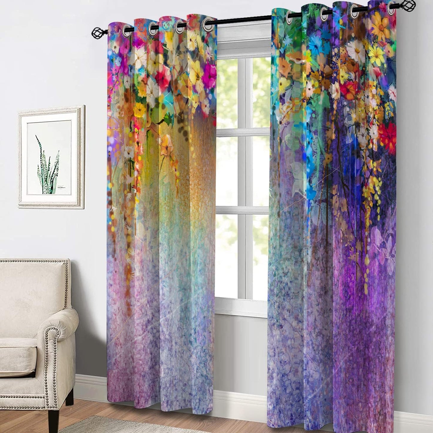 Aimego Floral Blackout Curtains Weeping Plant Colorful Flower Art Romantic Window Drapes Decor for Bedroom Living Room Grommet Top Room Darkening Curtains 2 Panel Set, 52"X84"