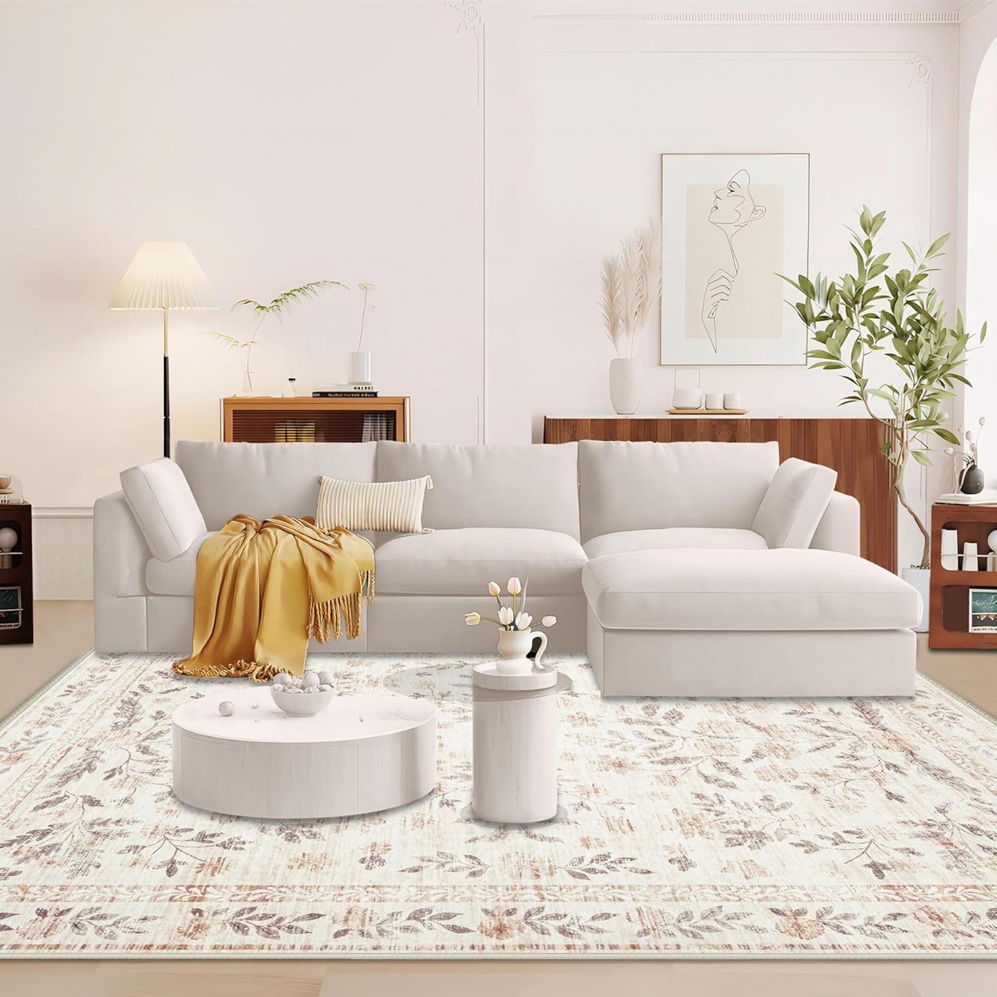 Rugs for Living Room 6x9 Rug, Washable Floral Boho Area Rug Non Slip Soft Low Pile Large Rugs for Bedroom Girls, Dining Room, Office, Kids Playroom(6'x9', Floral Beige)