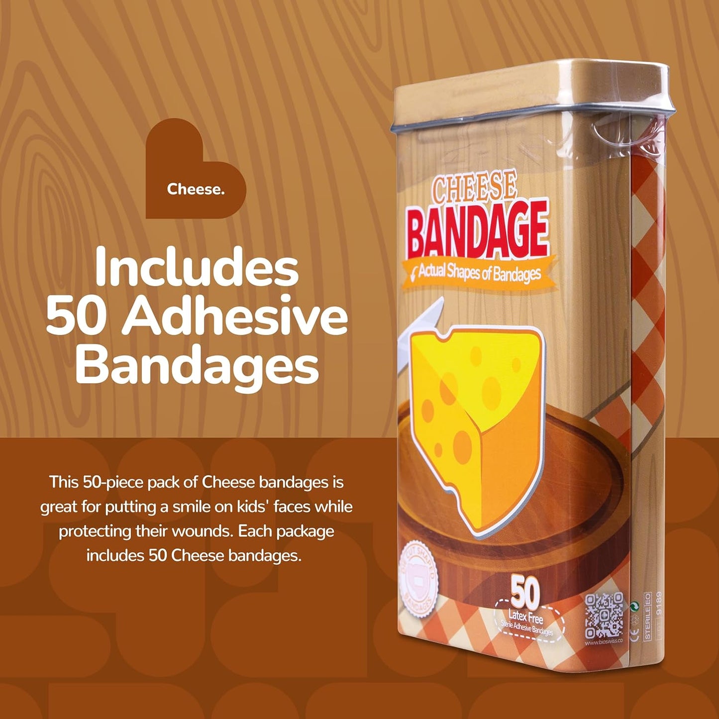 BioSwiss Bandages, Cheese Shaped Self Adhesive Bandage, Latex Free Wound Care, Fun First Aid Kit Supplies for Kids and Adults, 50 Count