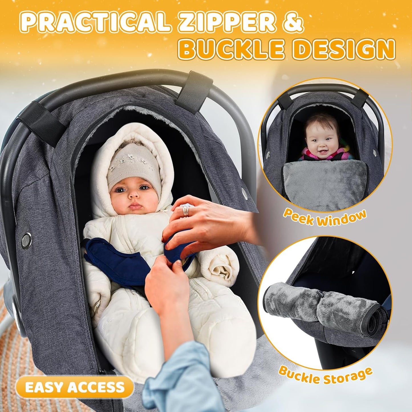 Orzbow Baby Car Seat Cover, Winter Carseat Cover with Zipper Access, Weather & Wind Proof, Side Breathable, Compatible with Doona Car Seats and Strollers, Newborn Essentials Carrier Canopy, Dark Grey