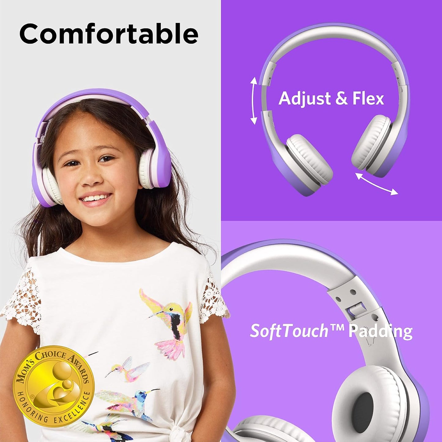 LilGadgets Connect+ Wired Kids Headphones for School with Mic, Volume Limited & Noise Reduction, On-Ear Headset with Cord, SharePort Technology for Multiple Kids & SoftTouch Padding, Purple