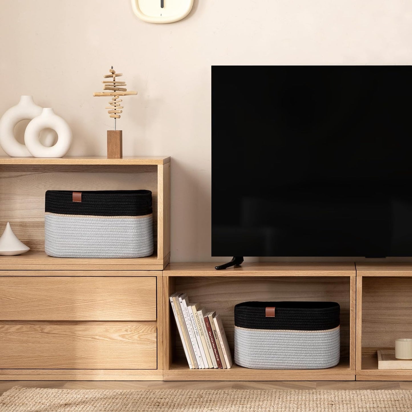 UBBCARE 4 Pack Baskets for Organizing, Woven Storage Baskets with Label for Toys and Towel, Rectangle Cotton Rope Basket with Handles, 15''L x10''W x9''H, Black&Grey