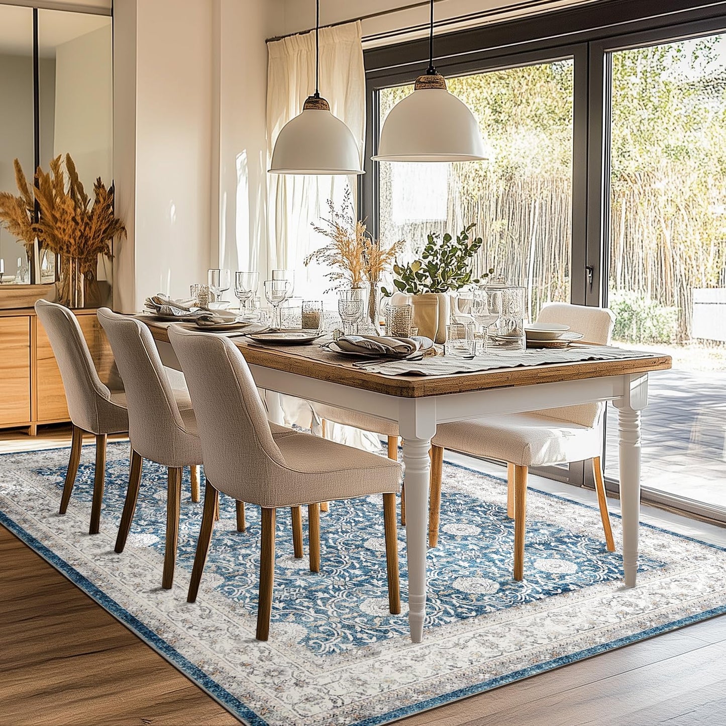 jinchan Floral 6x9 Area Rugs for Living Room - Machine Washable Vintage Distressed Boho Design Throw Rug Stain Resistant Carpet Low-Pile Thin Non-Slip for Bedroom Dining Room Nursery (6‘x9',Dark Blue)