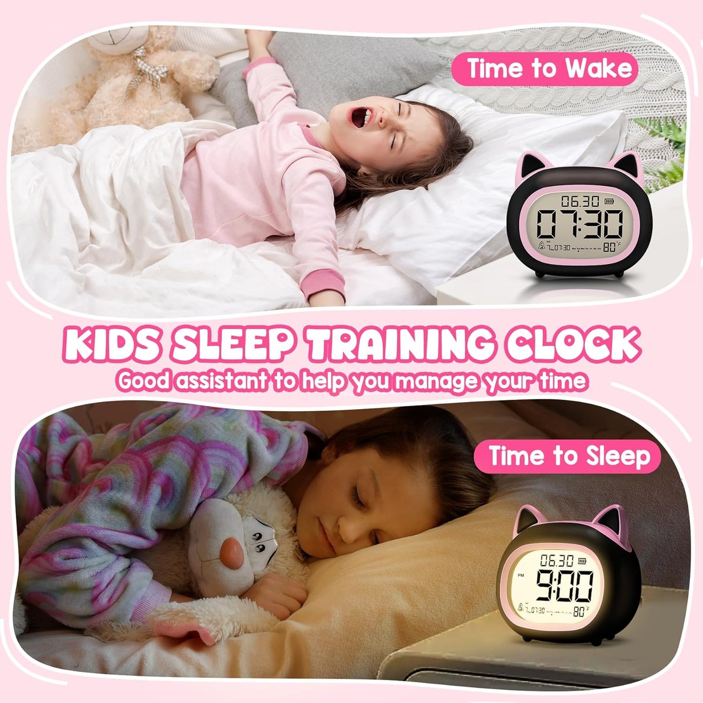 Kids Alarm Clock with Night Light for Kids, Small Digital Alarm Clocks for Bedrooms, Routine Builder, Cute Cat Alarm Clock with Sleep Training, Snooze, 12/24H, Date & Day, Temperature, USB Port