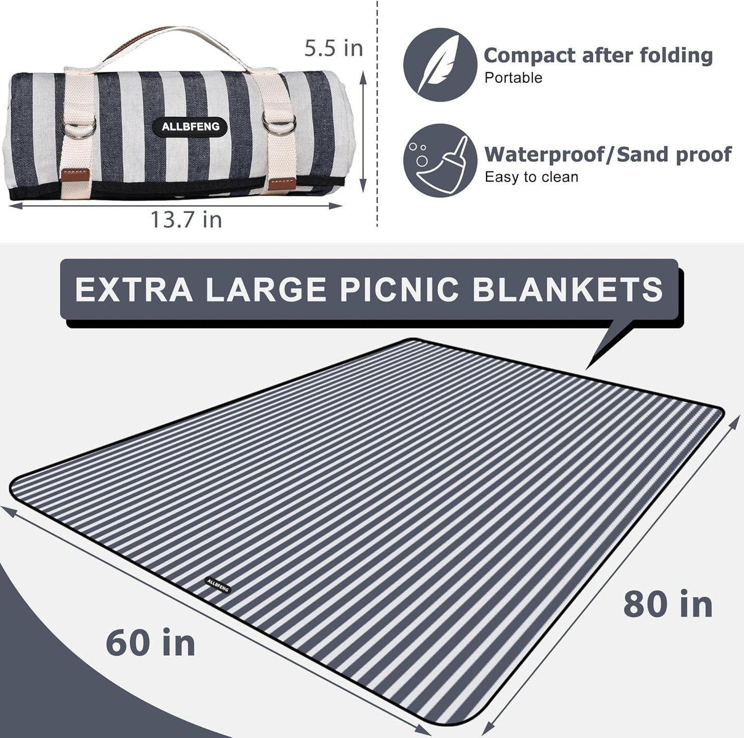 Picnic Blankets 80" x 60" Extra Large Outdoor Blanket Sand Free Foldable with Carry Strap for Beach, Camping, Park Grass, Hiking, Travel, Concerts, Indoors