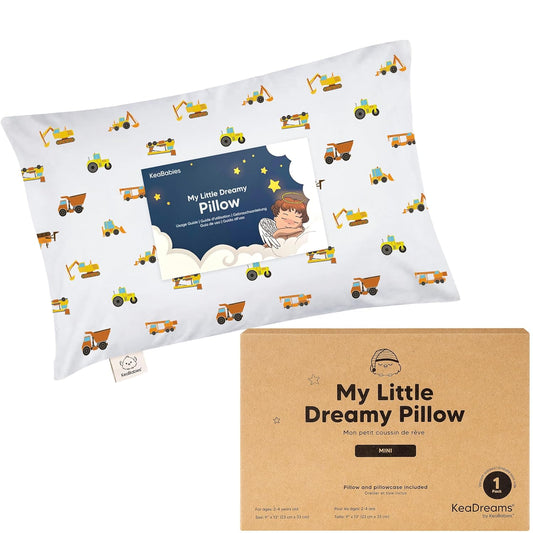 Mini Toddler Pillow with Pillowcase - 9x13 My Little Dreamy Travel Kids Pillow for Sleeping, Toddler Bed, Small, Tiny, Organic Cotton Pillowcase, Soft & Breathable, Kids 2-4 Years Old (Construction)