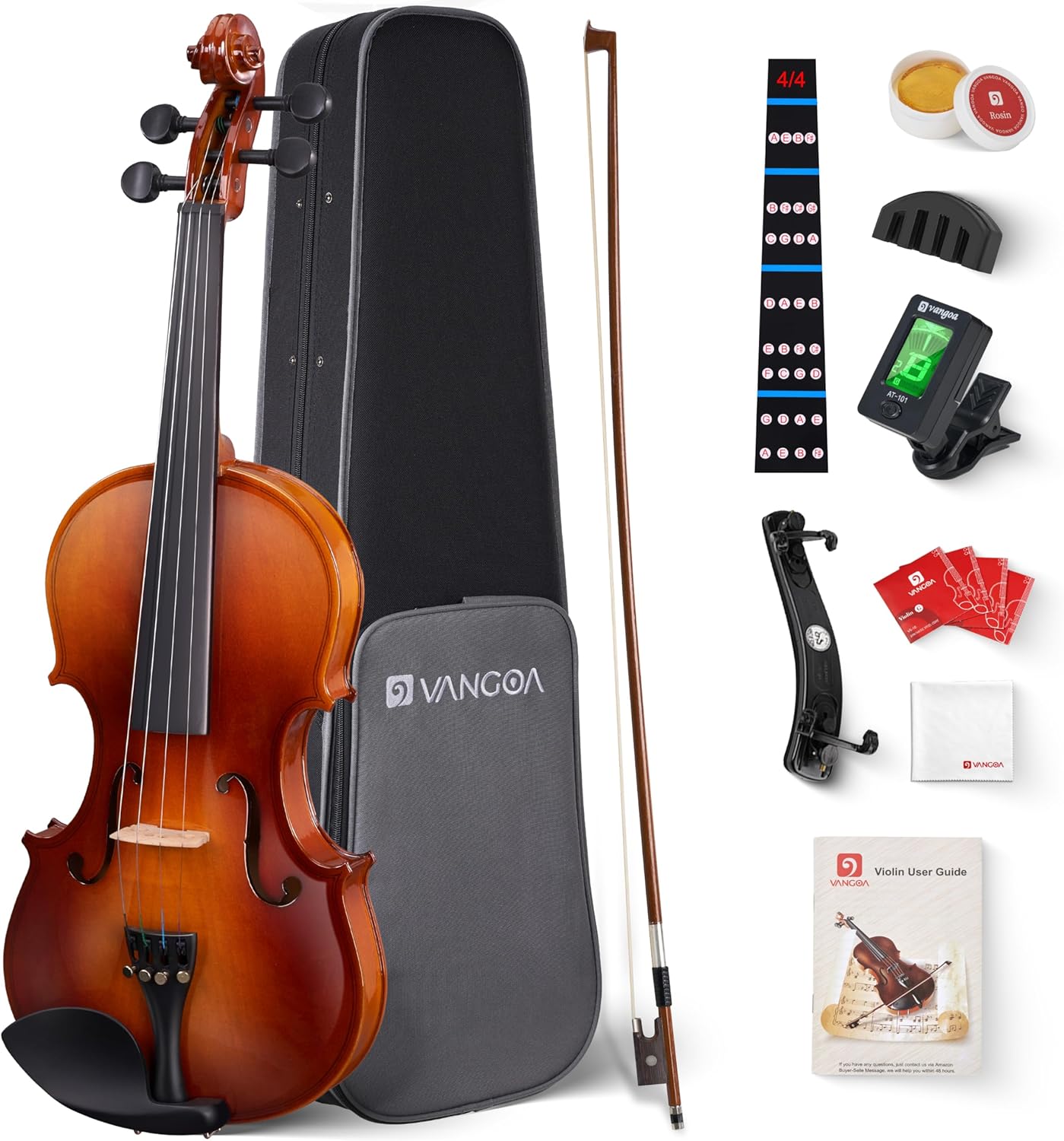 Vangoa Violin 4/4 Full Size Set Fiddle, Handcrafted Starter Acoustic Violins Kit with Solid Wood Side Board, Lightweight Hard Case for Beginners, Teens, Child, Kids Age 12+, Adults, Right Handed