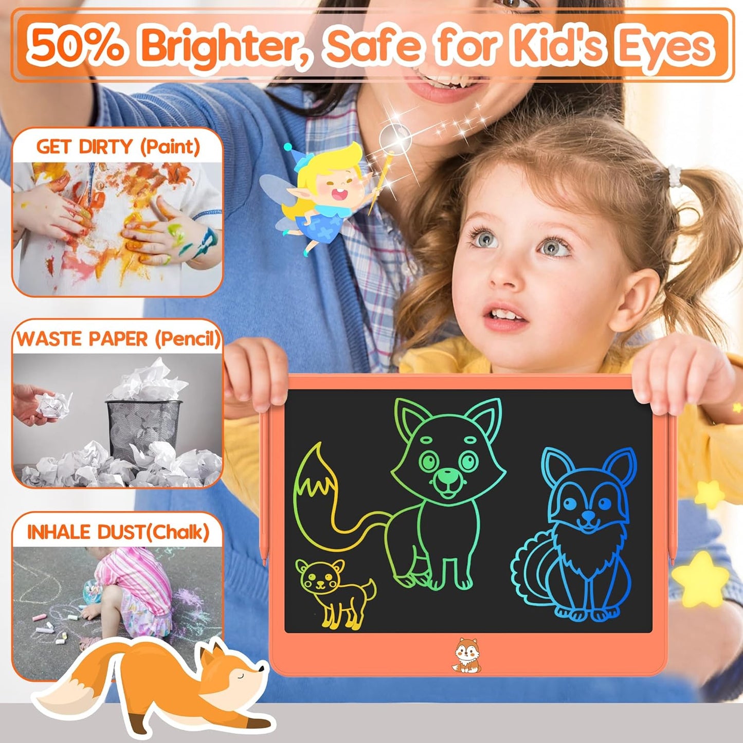 LCD Writing Tablet for Kids 12 Inch, Kids Learning Toys Drawing Pad for Girls Boys, Erasable Doodle Board for Toddlers 3 4 5 6 7 8 Year Old Travel Essentials, Christmas Birthday for Kids - Orange