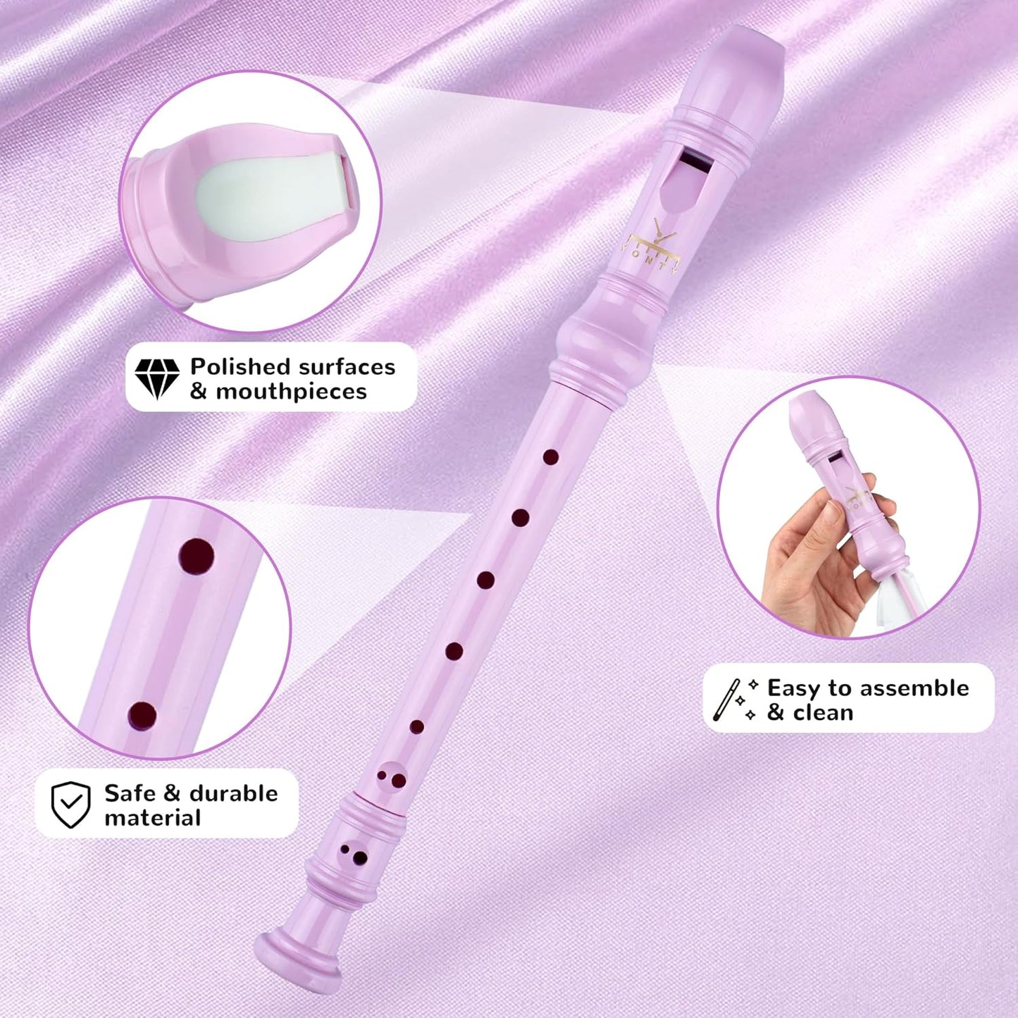 Soprano Recorder 8-Hole Instrument for Beginners Kids Students, German Style C Key Flute with Cleaning Rod & acking Bag for Education & Entertainment - Pink