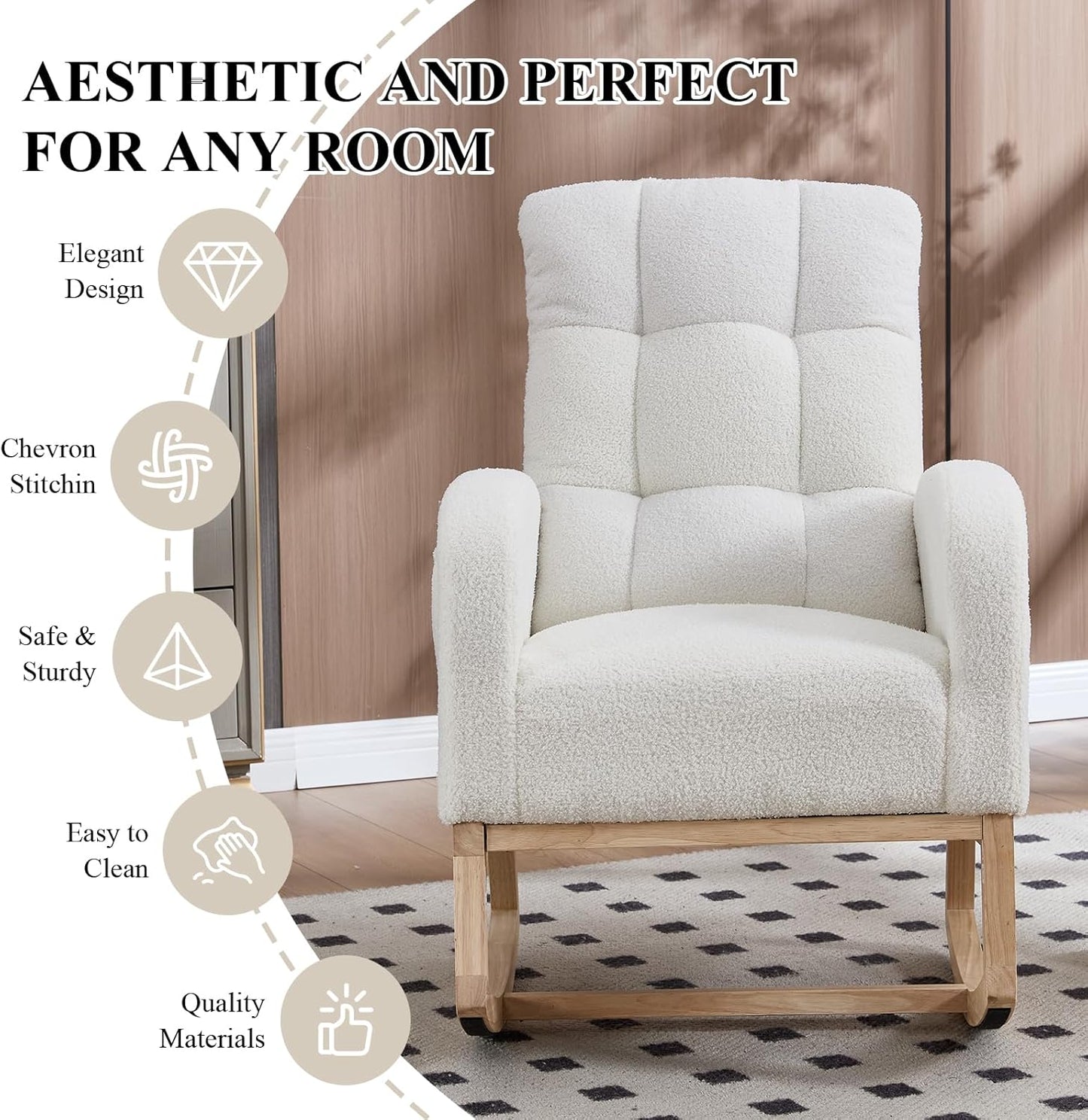 NIOIIKIT Nursery Rocking Chair, Teddy Upholstered Glider Chair with Side Pocket, Glider Rocker Chair with Tufted Back, Comfy Accent Nursing Chair for Living Room (White Retro)