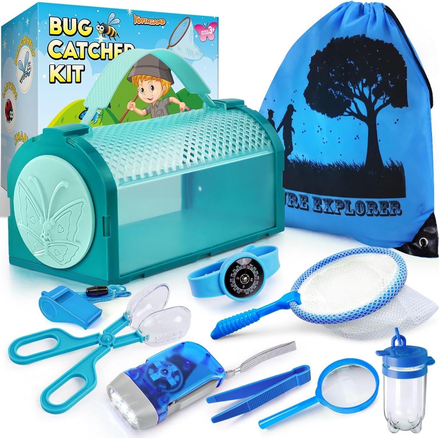 Bug Catcher Kit & Outdoor Explorer Kit for Kids, 10 Pcs Bug Catching Kit with Toy Cage, Backpack, Flashlight, Manifying Glass, Toy Net, Outdoor Exploration Toys Gift for Boys Girls 3-12