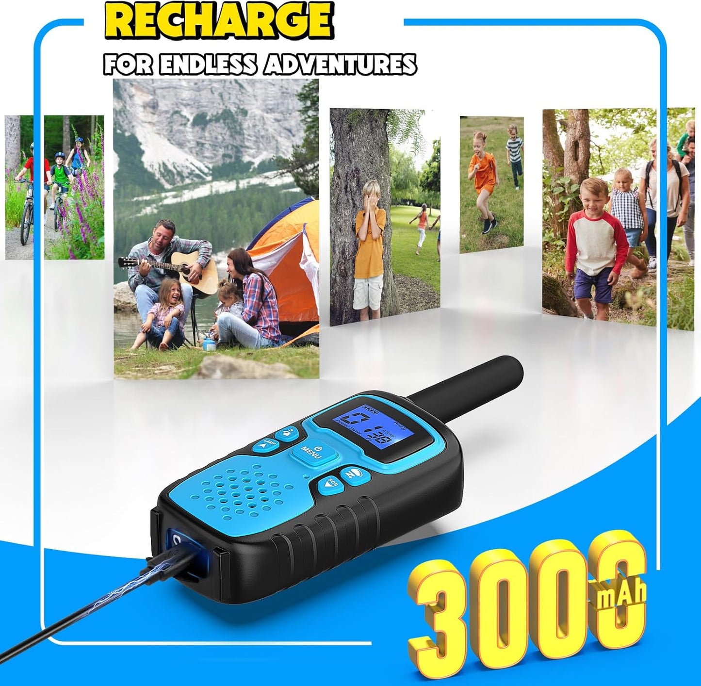 Wishouse Walkie Talkies for Kids Rechargeable Long Range,Xmas Birthday Gift for 4 5 6 7 8 9 Year Old Boys Girls,Hiking Gear Camping Games Cool Toys with NOAA,SOS Siren,Lamp,Lanyards,2 Pack Blue Yellow