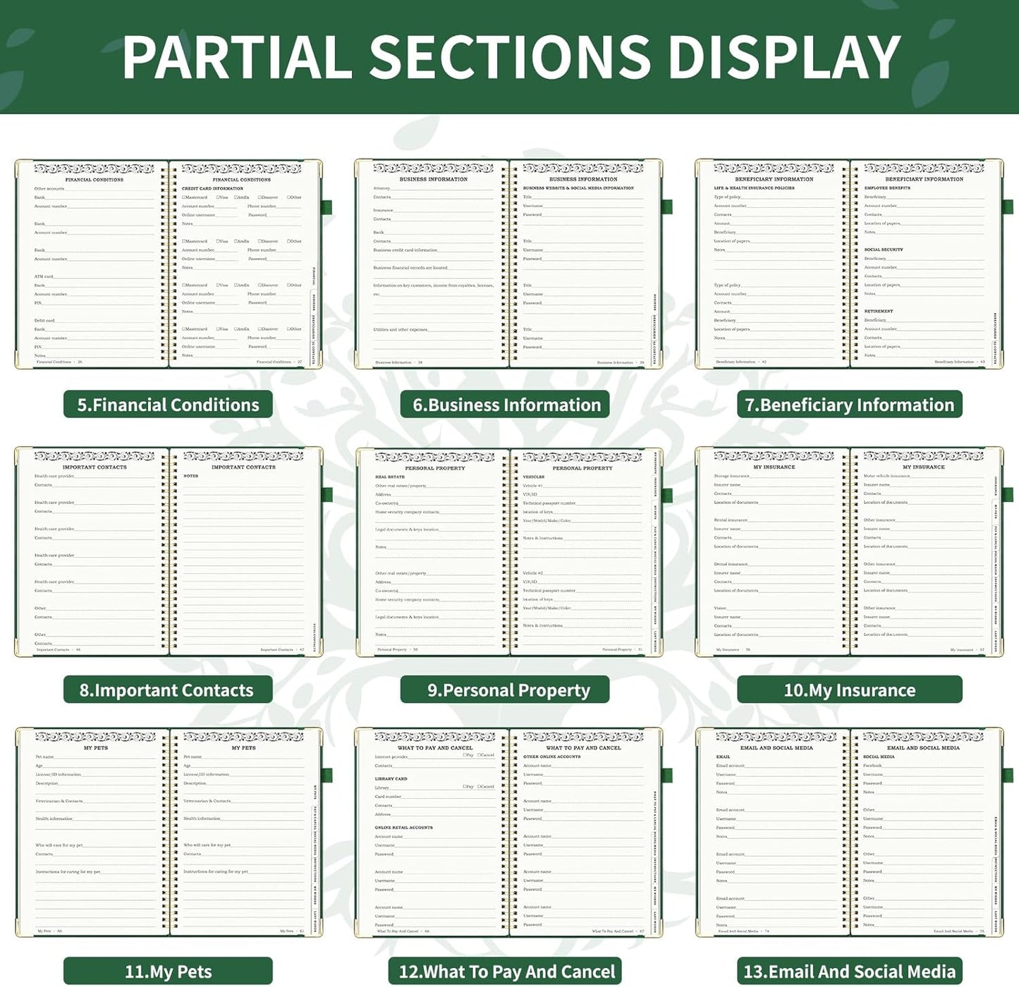 End of Life Planner, Spiral Estate Planning Organizer with Tabs for Senior, I'm Dead Now What Planner for Final Arrangements & Important Affairs with Large Print, 7.9"x10.4", Green