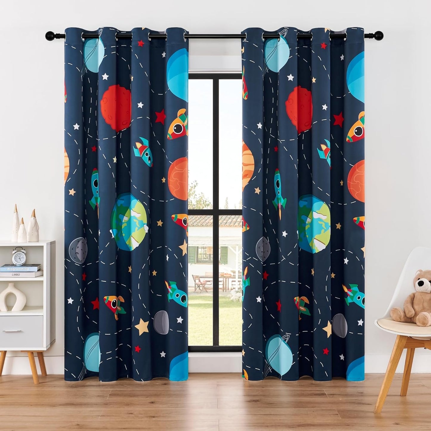 Kids Space Themed Blackout Curtains - 100% Blackout Perfect for Kids Room, Spark Kids Imagination with Vibrant Cosmos Designs, Noise Reduction, Thermal Insulated, (2 Panels W52×L84)