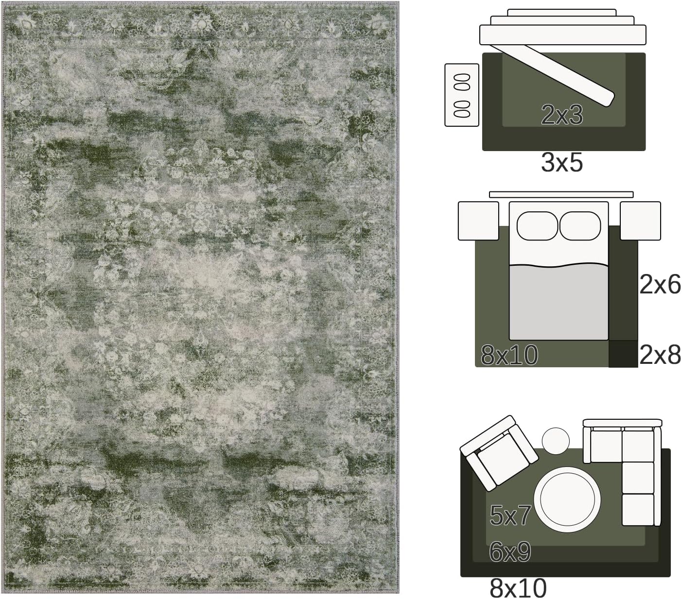 jinchan Washable Area Rug 6x9 for Living Room - Soft Faux Wool Ultra-Thin Stain Resistant Non-Slip Distressed Vintage Floral Rug Large Carpet for Bedroom,Dining Room,Home Office,Nursery(Green, 6'x9')