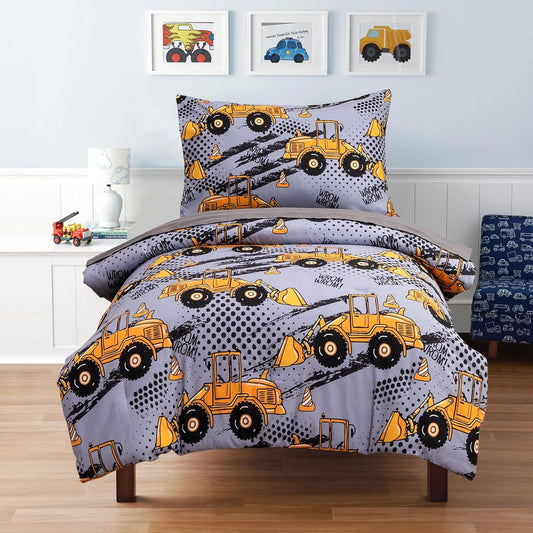 NTBED 4 Pieces Construction Toddler Bedding Set for Baby Boys, Excavator Truck Vehicles Cars Printed, Includes Comforter, Flat Sheet, Fitted Sheet and Pillowcase,Grey
