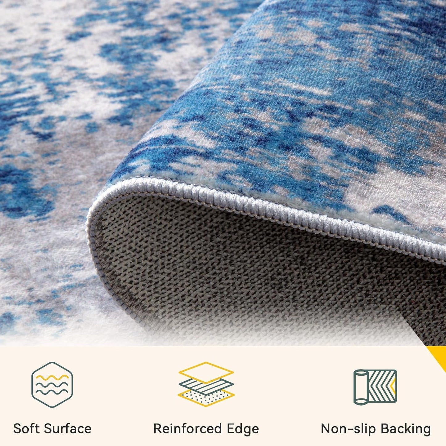 Washable Area Rugs 3'x5' Non-Slip Modern Abstract Soft for Living Room Entryway Bedroom Nursery, Print Pattern, Blue Grey Navy Gray