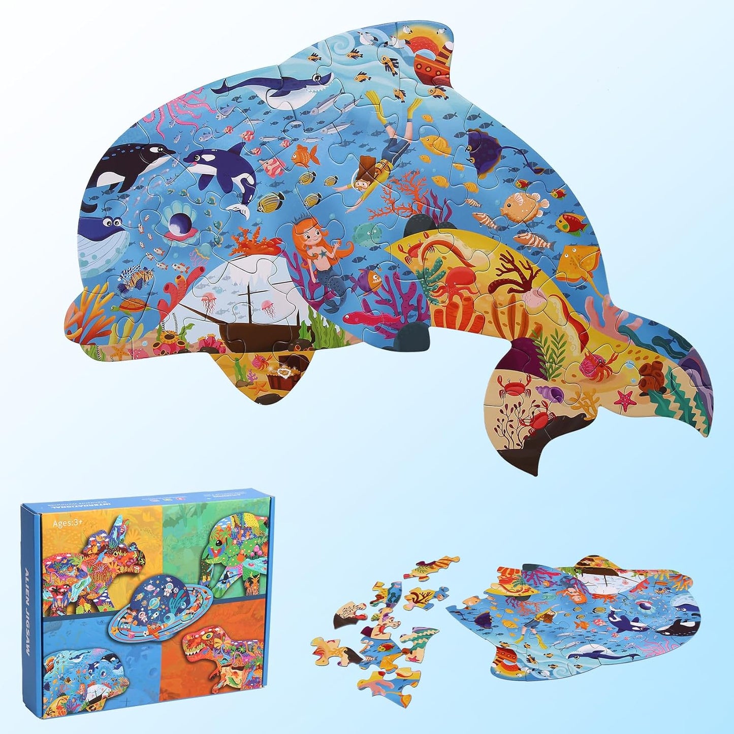 Floor Puzzle Suitable for Children Aged 3-10, Unique Large Irregular Animal Shaped Art Puzzle Suitable for Boys and Girls 36 Pieces Toys As Gifts for Children (Dolphin)