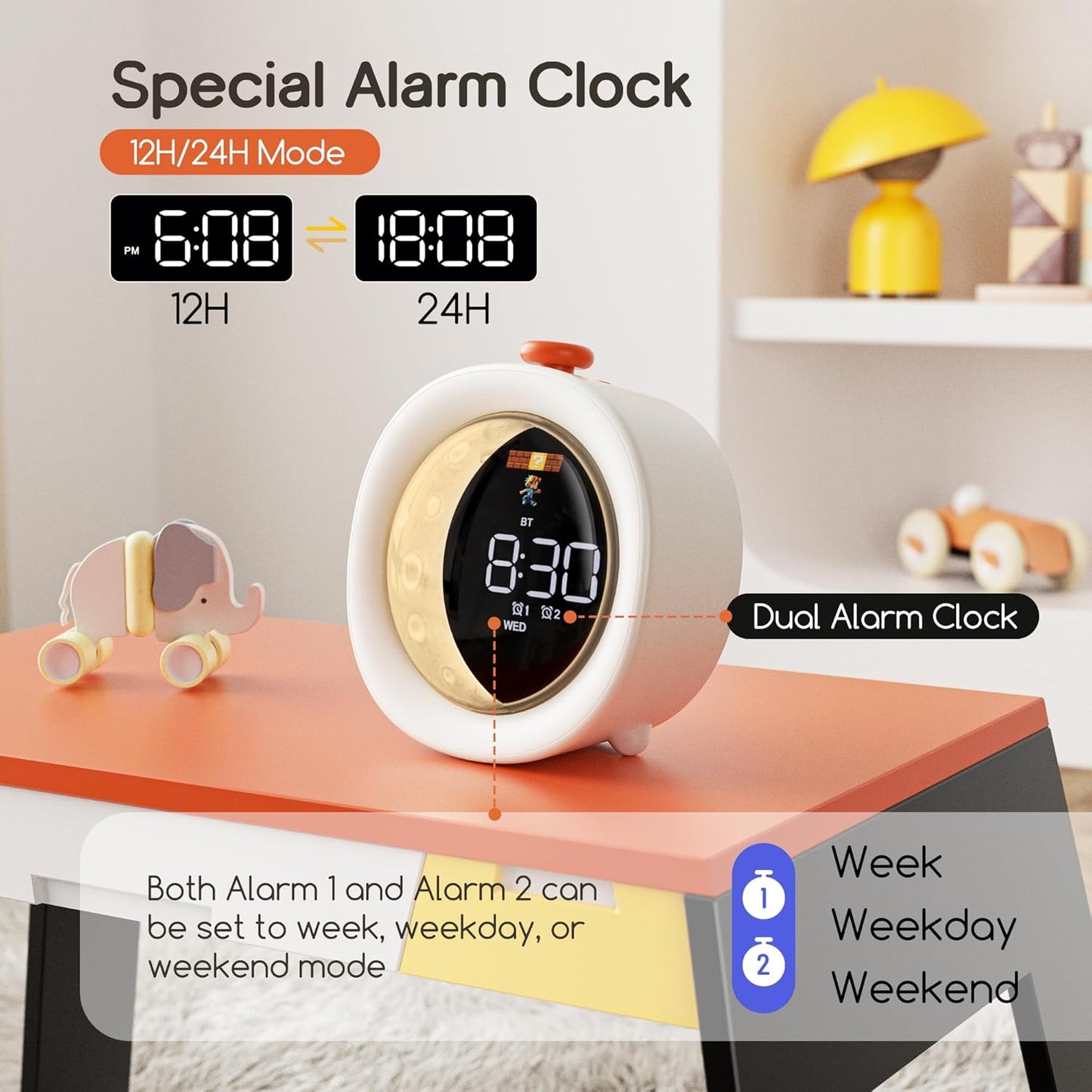 4-in-1 Digital Alarm Clock for Bedrooms, Portable Bluetooth Speaker with Night Light, Snooze & 0-200 Min Timer for Desk, Living Room, Office, Kitchen, Dual Alarm Clock for Heavy Sleepers, Baby, Kids