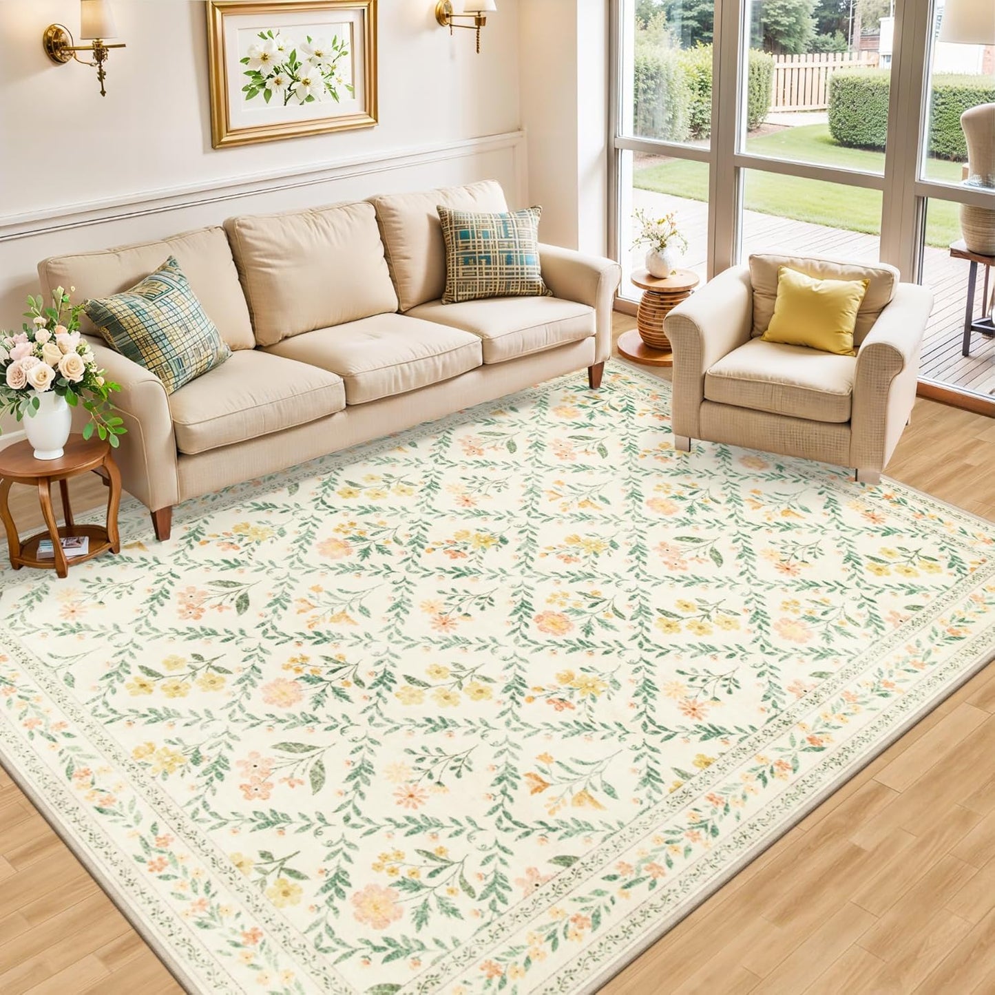 10x14 Area Rugs for Living Room: Floral Washable Rug Vintage Large Soft Boho Non-Slip Carpet Stain Resistant Low Pile Carpets for Bedroom Dining Room Farmhouse Nursery Hallway Home Office Beige/Multi