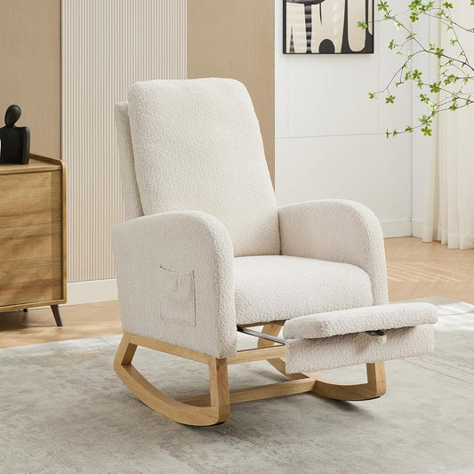 Nursery Rocking Chair with Foot Rest, Upholstered Glider Chair with Two Side Pockets, High Back Nursing Chair, Rocker Accent Armchair for Bedroom Living Room (Ivory)