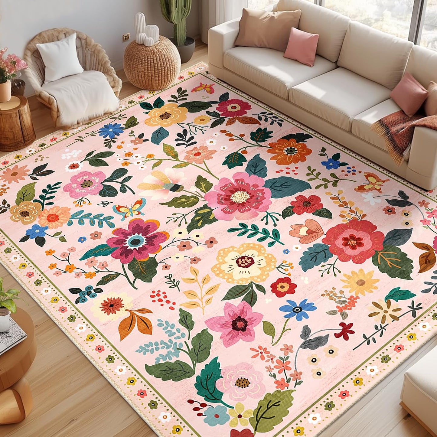 Floral 9x12 Area Rug Machine Washable Soft Print Boho Carpet Non Slip Doormat Low Pile Flower Area Rugs for Living Room Bedroom Nursery Kitchen Dining Room Indoor-Pink