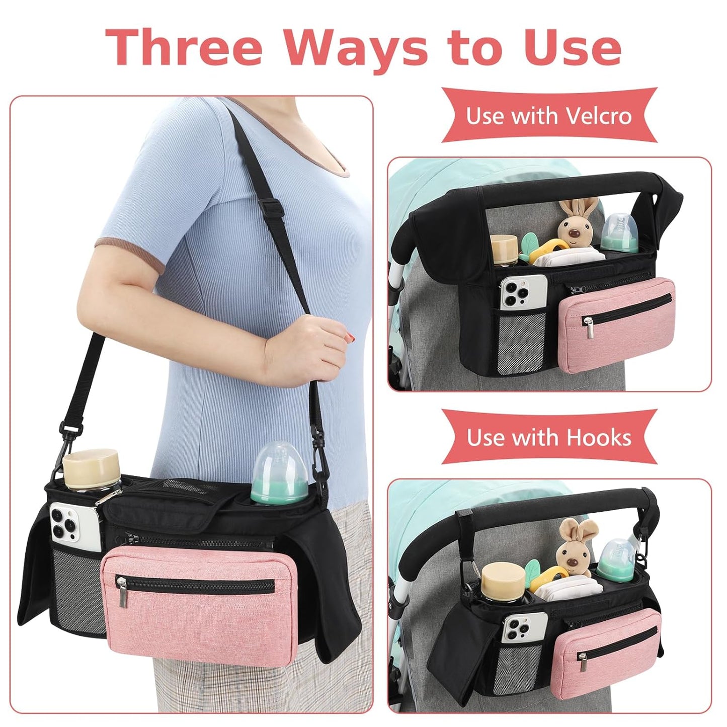 Accmor Universal Stroller Organizer with Insulated Cup Holder Detachable Phone Bag and Shoulder Strap,Stroller Bag Caddy Organizer Fits for Uppababy, Baby Jogger, Britax Strollers