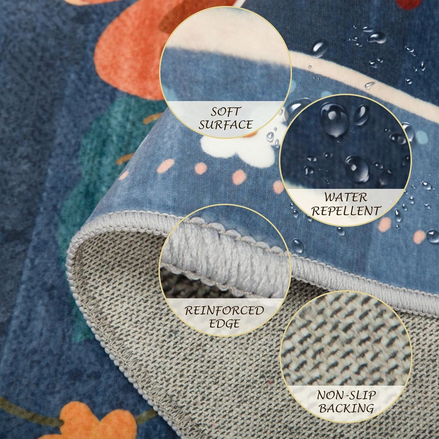 Floral 3x5 Area Rug Machine Washable Soft Print Boho Carpet Non Slip Doormat Low Pile Flower Area Rugs for Living Room Bedroom Nursery Kitchen Dining Room Indoor-Blue/Grey