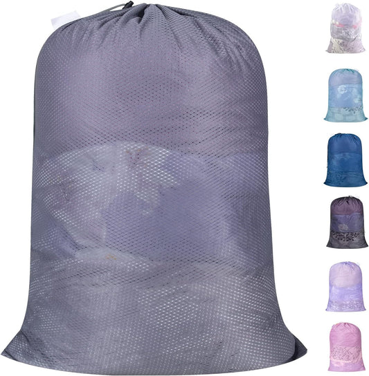 Polecasa Heavy Duty Large Mesh Laundry Bag with ID Tag and Locking Drawstring Closure - 24 x 36 inches - Laundry Hamper Liner, Washable Laundry Bags for Travel, Sports, Dorms (Grey)