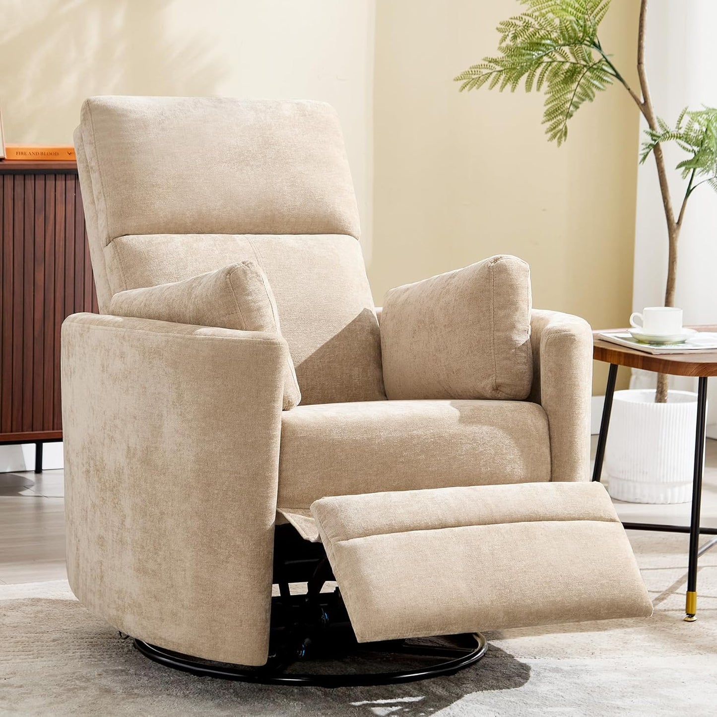 Swivel Rocker Recliner Chair,Manual Nursery Swivel Rocking Recliner,Upholstered Adult Rocking Glider Chair with 2 Pillows for Living Room Bedroom (Khaki, Manual Operation)