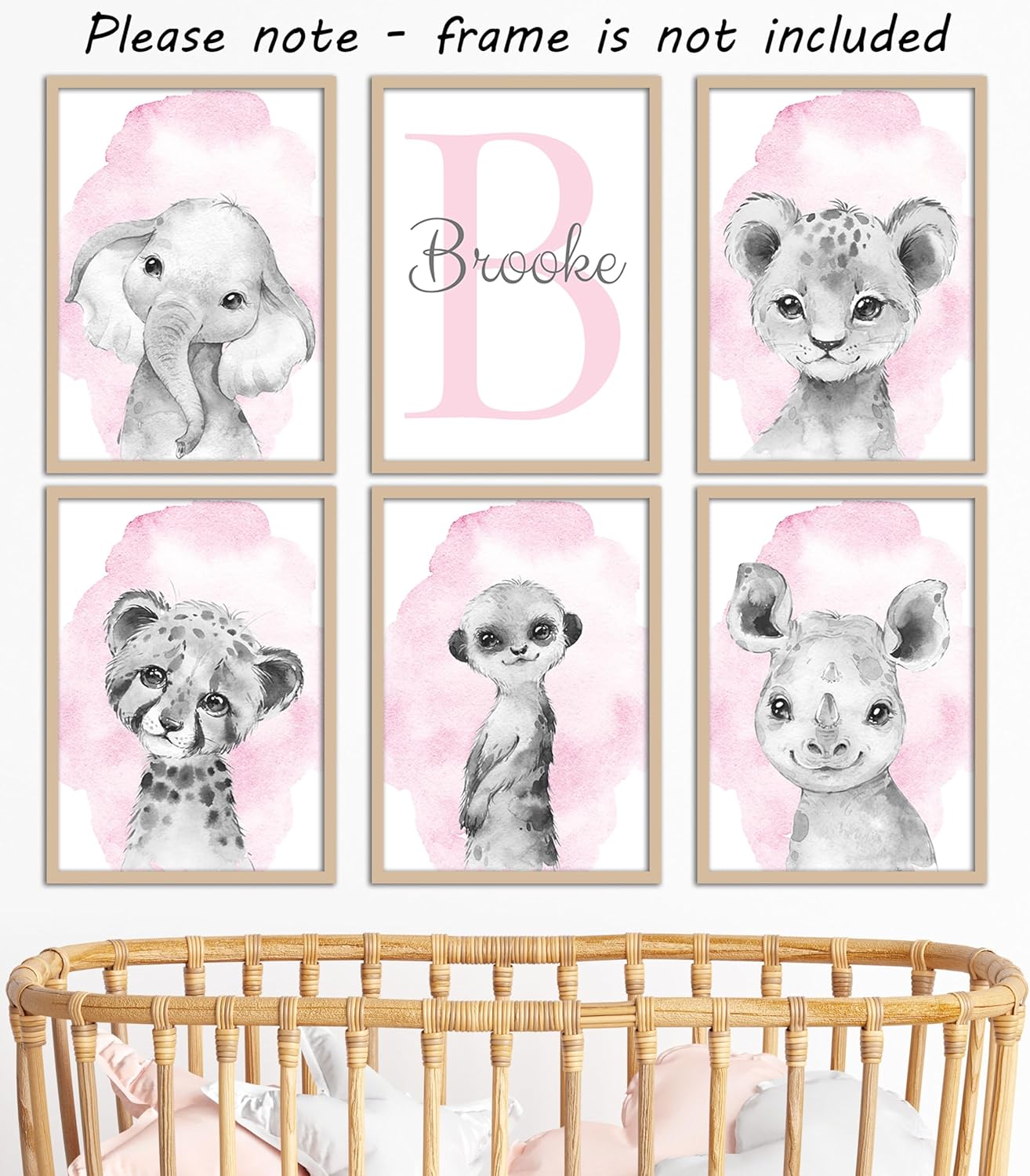 Safari Animals Set of 6 Unframed Poster Prints for Baby Girls Nursery Bedroom Playroom, Personalized Name, Choice of 12 Animals, Pink Purple (11x14)