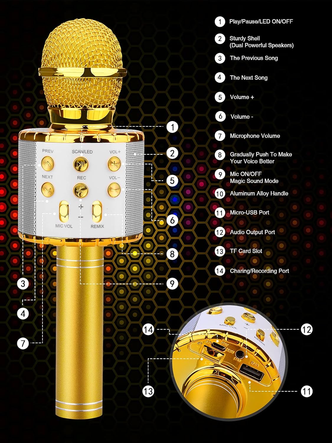 BlueFire 4 in 1 Karaoke Wireless Microphone with LED Lights, Portable Microphone for Kids, Great Gifts Toys for Kids, Girls, Boys and Adults (Gold)