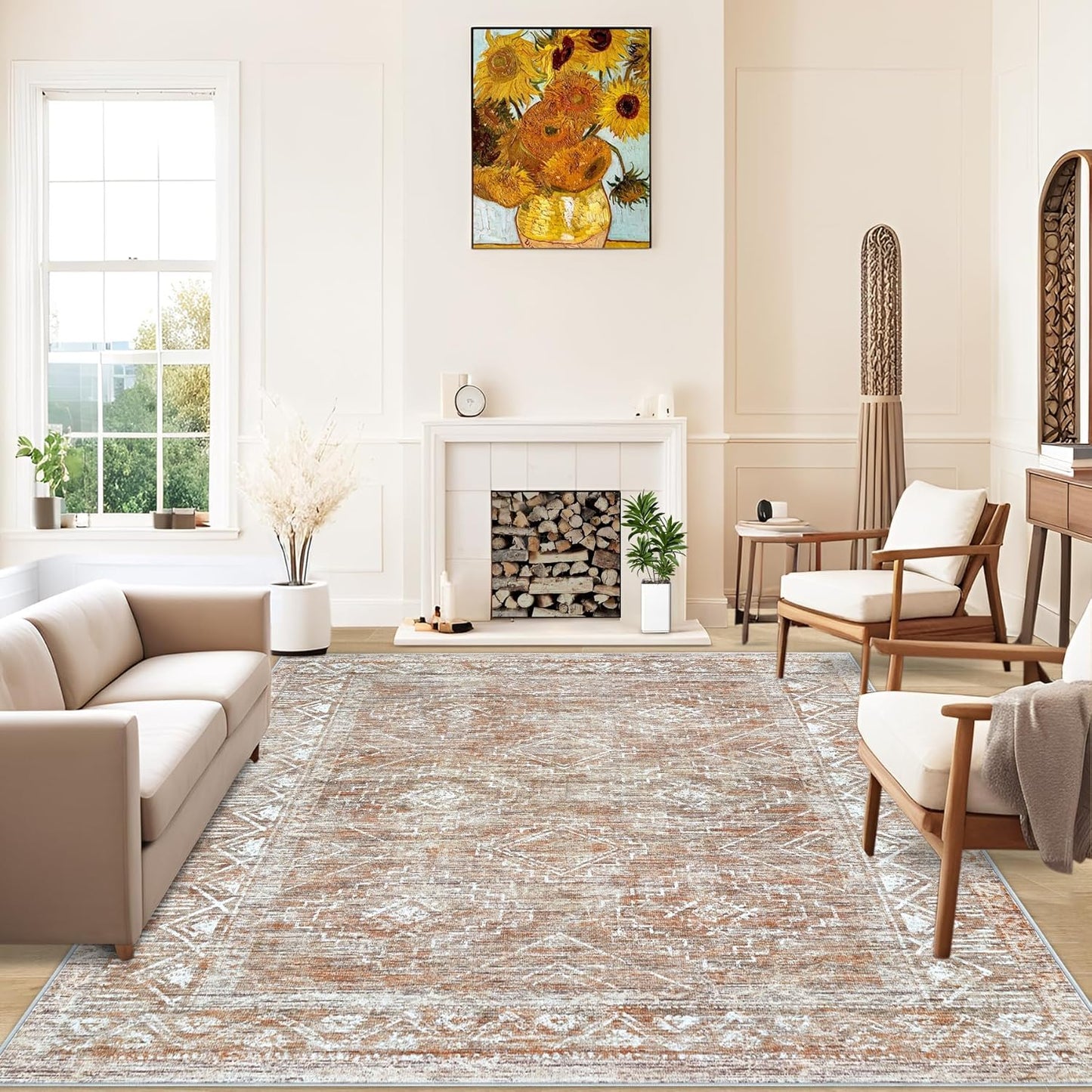 Large Living Room Area Rug 8x10 - Machine Washable Vintage Boho Moroccan Rugs Geometric Neutral Rug Non-Shedding Low Pile Distressed Farmhouse Carpet for Bedroom Nursery Classroom Dorm (8 x 10, Brown)