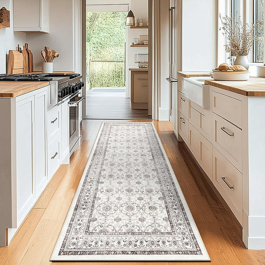 jinchan Hallway Runner Rug 2x8 - Machine Washable Beige Vintage Floral Distressed Design Soft Non-Slip Low-Pile Ultra-Thin Runner Rug for Kitchen Laundry Room Bedroom Farmhouse (2‘x8',Beige)