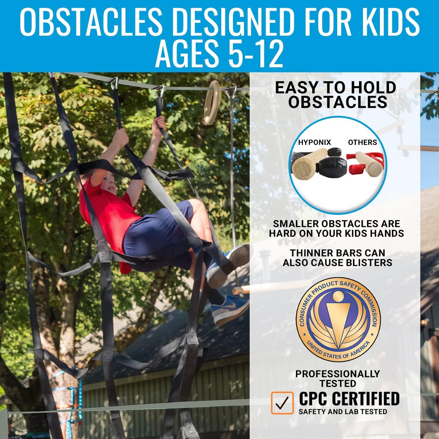 Hyponix Ninja Obstacle Course for Kids – 2 x 60 ft Slacklines with 13 Weatherproof Obstacles – Monkey Net, Ratchet-Tight Tech, Supports 880 lbs – Climbing & Swinging Backyard Fun