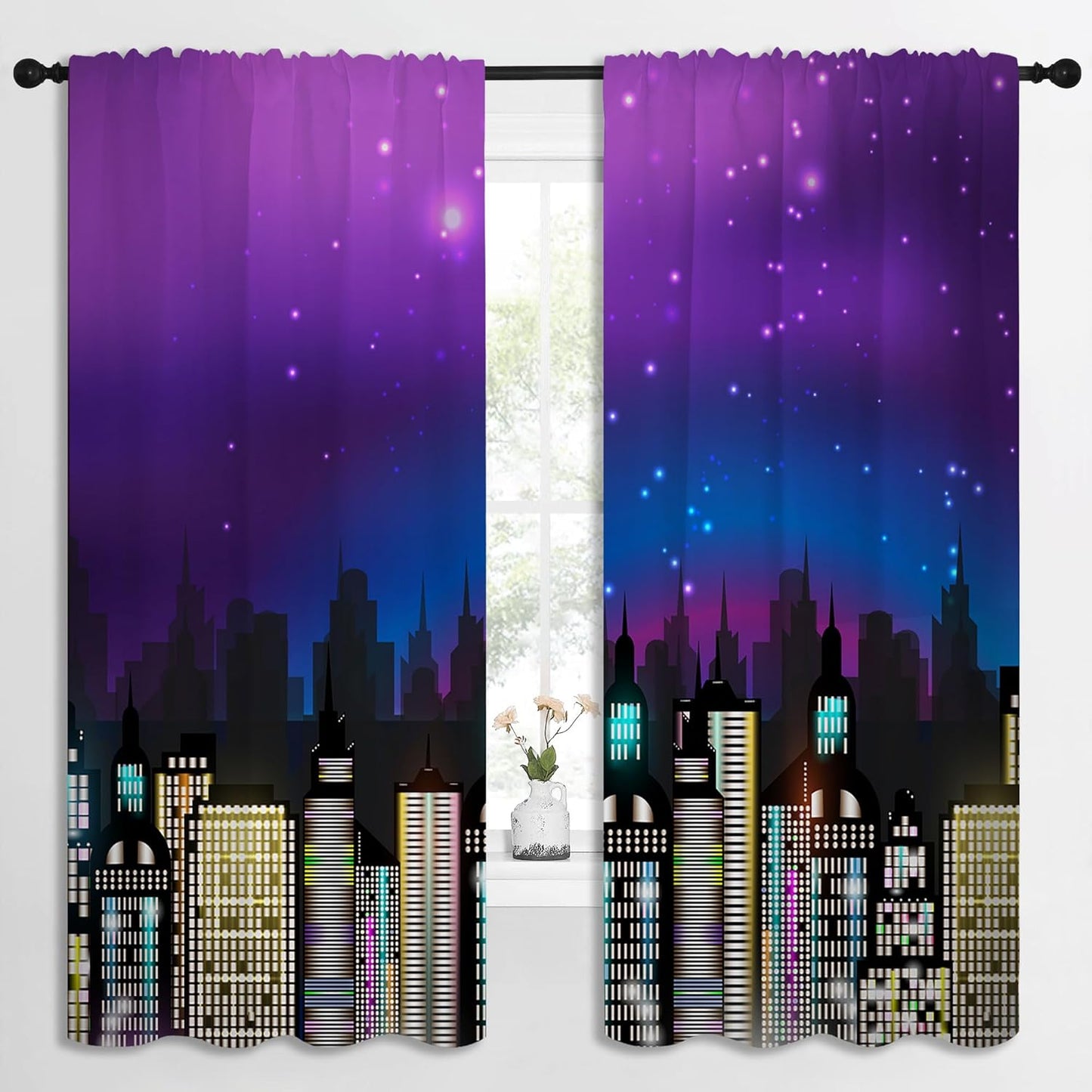 Superhero Rod Pocket Blackout Curtains for Boy Girl Bedroom, Super City Skyline Buildings Night Panorama Home Energy Efficient Light Filtering Window Curtain for Living Room, 84x63 inch
