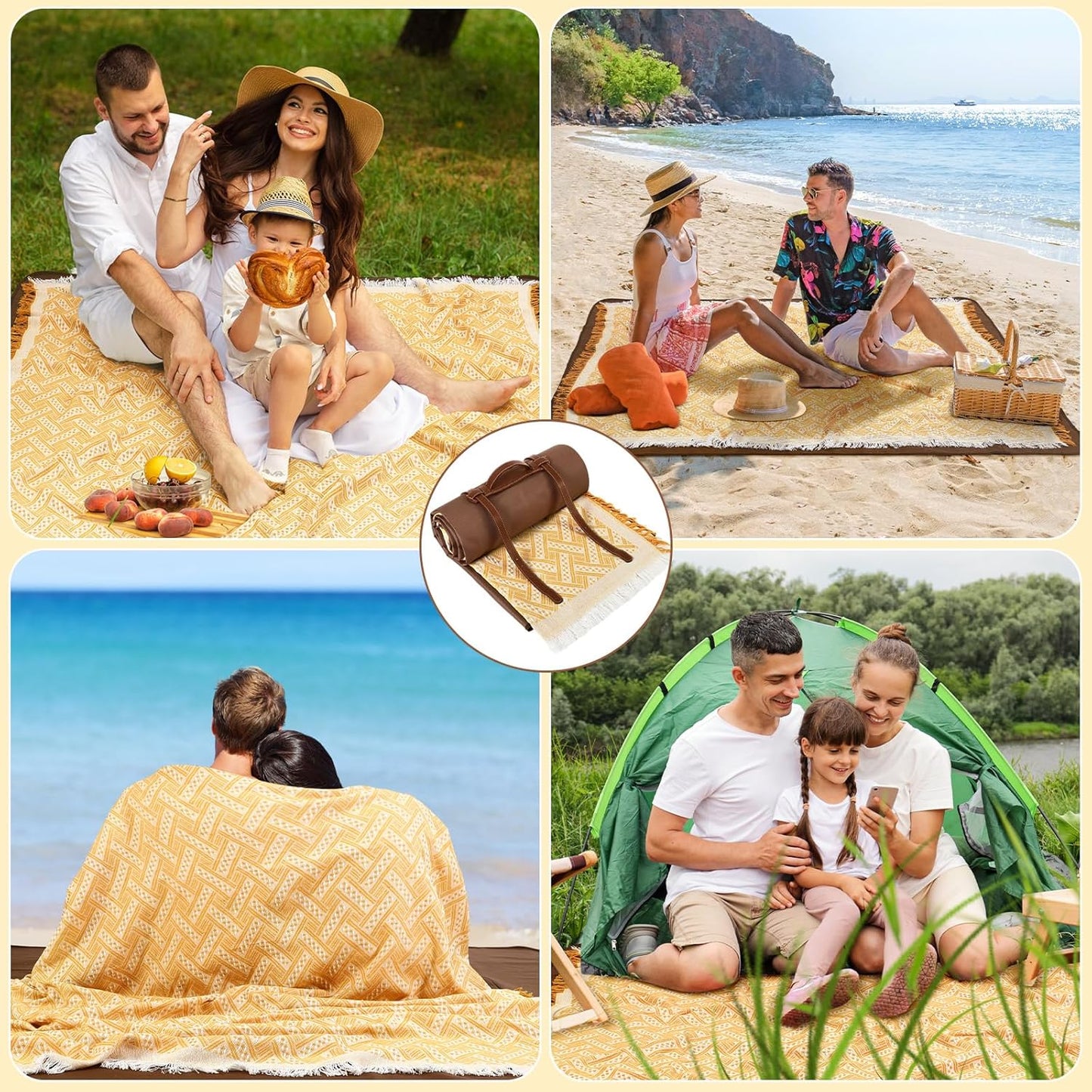 Waterproof Picnic Blankets Outdoor Blanket Foldable 2 in 1 Double Layer Sandproof Beach Mat with Carry Strap for Camping Lawn Park Beach Grass (Yellow White)