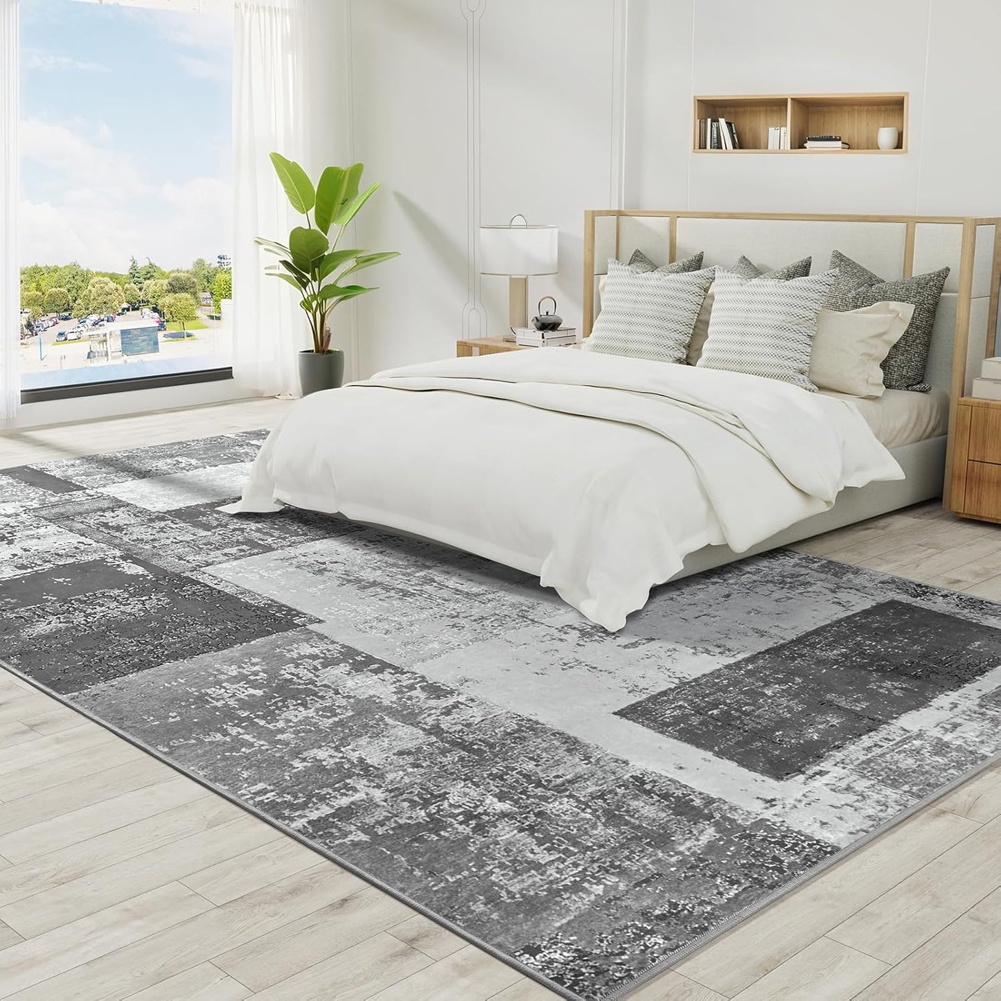 LOCHAS Rug for Living Room, Washable Soft Area Rugs for Bedroom 6x9, Abstract Carpet for Indoor Office Kids Dining Room Nursery Floor, Grey Geometric Vintage Home Decor, Non Slip, Pet Child Friendly