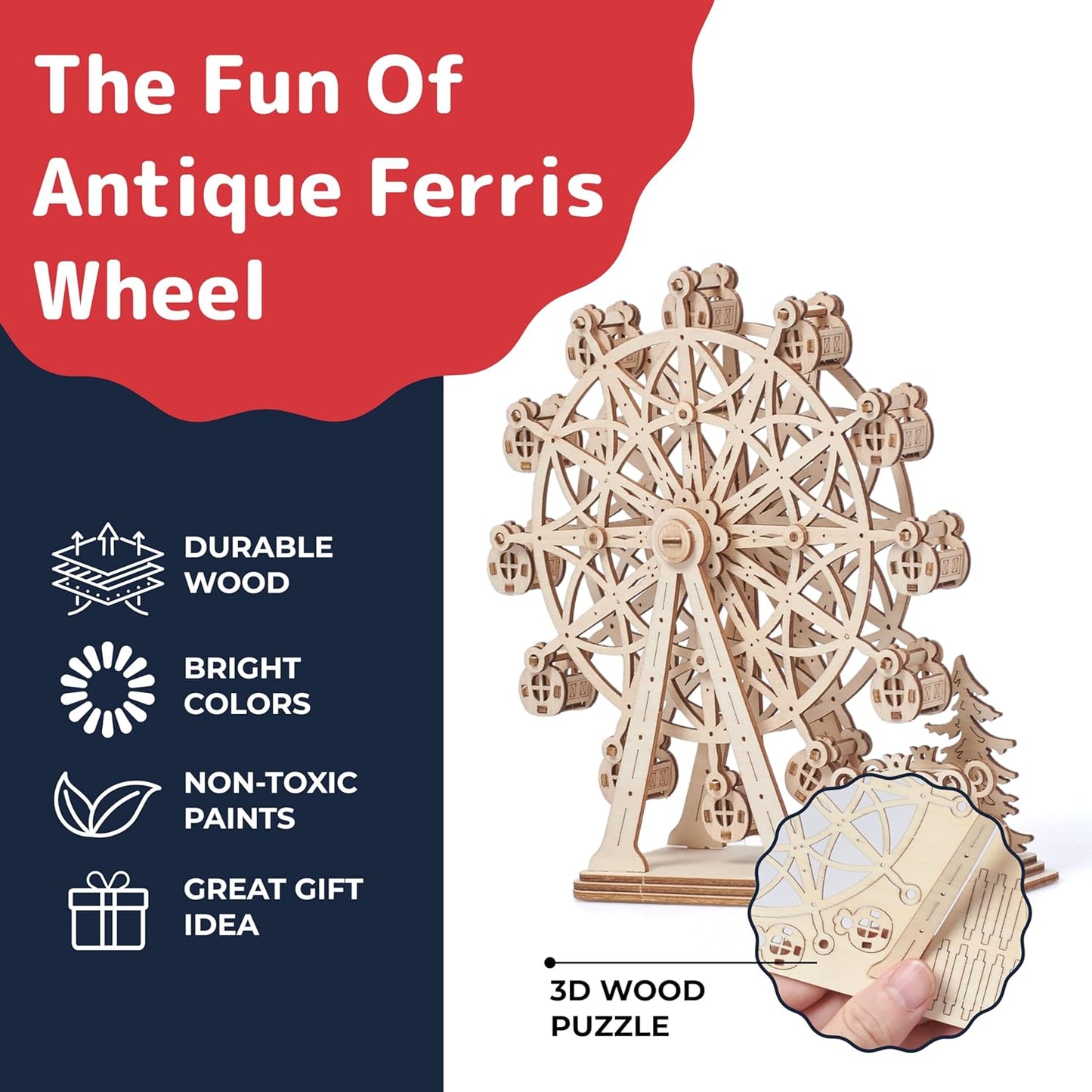Prextex Ferris Wheel 3D Puzzle Wooden - 115 Precision Pieces Sturdy Wood - No Glue Needed for Assembly - Fun & Educational for Ages 8+ - Ideal for Hobbyists, Collectors, Decor, & Gifts