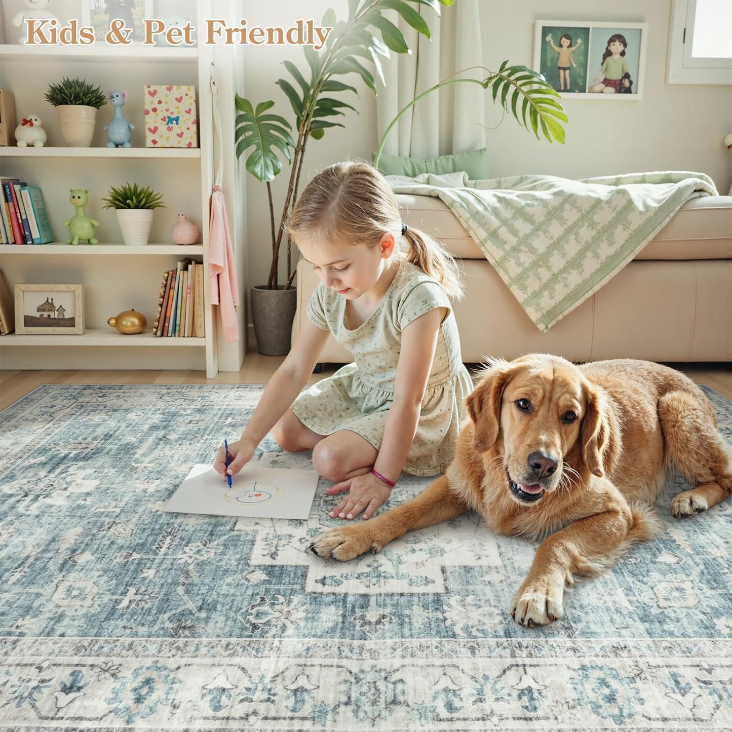LIVEBOX Washable Area Rug 5x7 Rugs for Living Room Bedroom, Non-Slip Boho Indoor Carpet for Dining Room Office, Low-Pile Farmhouse Soft Carpets for Kids Nursery Room Playroom, Blue