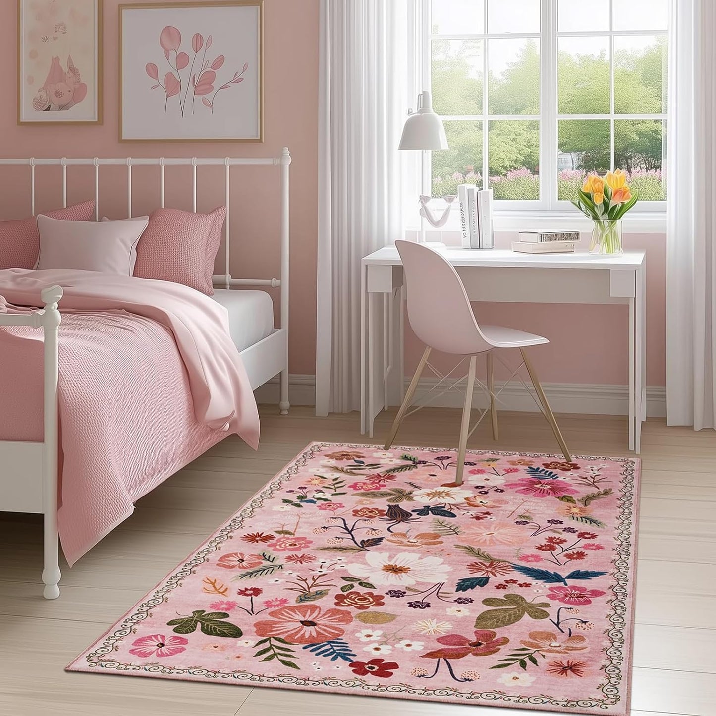 Nursery Rug for Baby Girl 4x6 Machine Washable Boho Floral Area Rugs Non Slip Low Pile Stain Resistant Pink Cute Rugs for Living Room Bedroom Dining Room Kids Room Farmhouse Family Room Office Patio